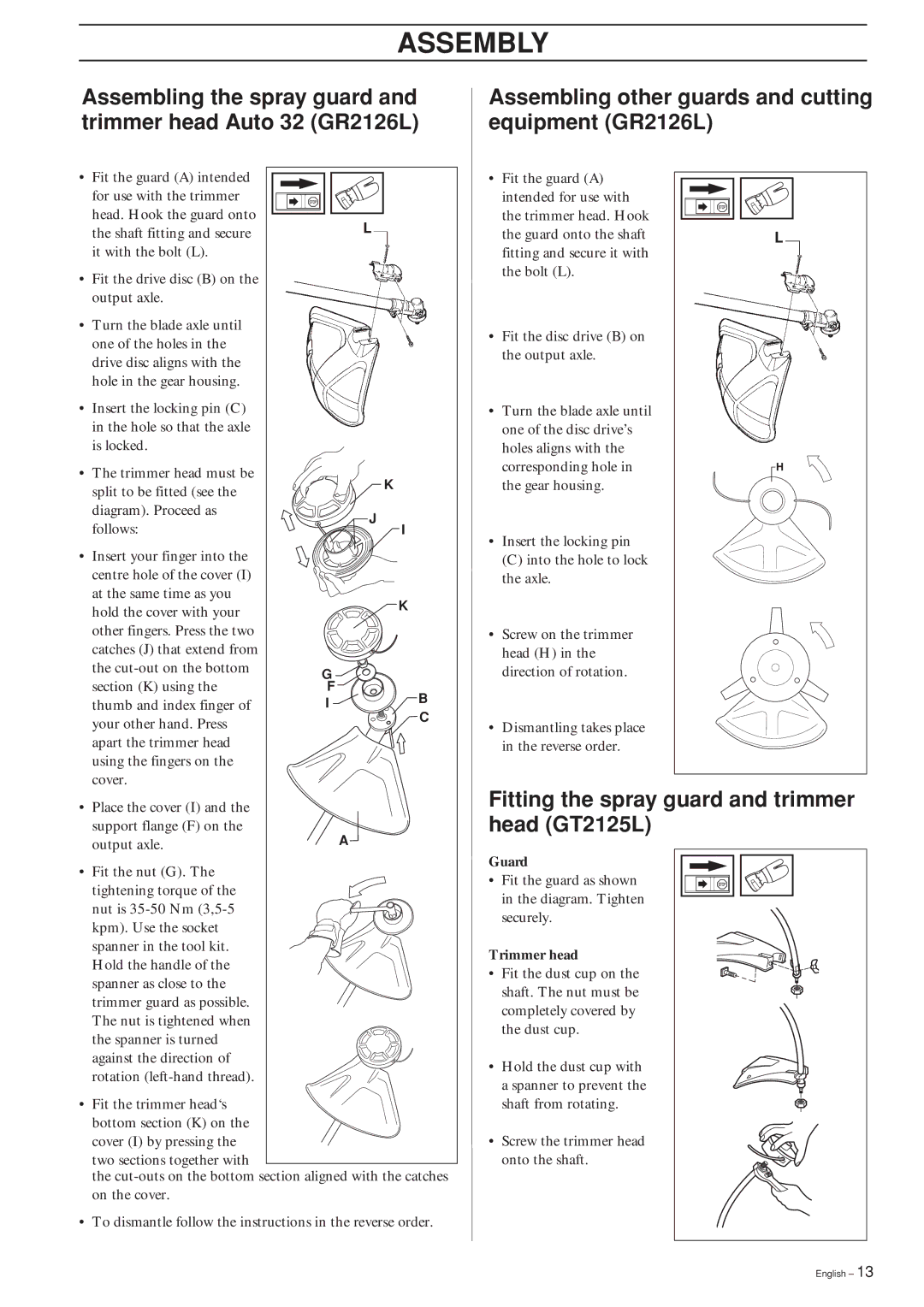 Jonsered manual Assembling other guards and cutting equipment GR2126L, Fitting the spray guard and trimmer head GT2125L 