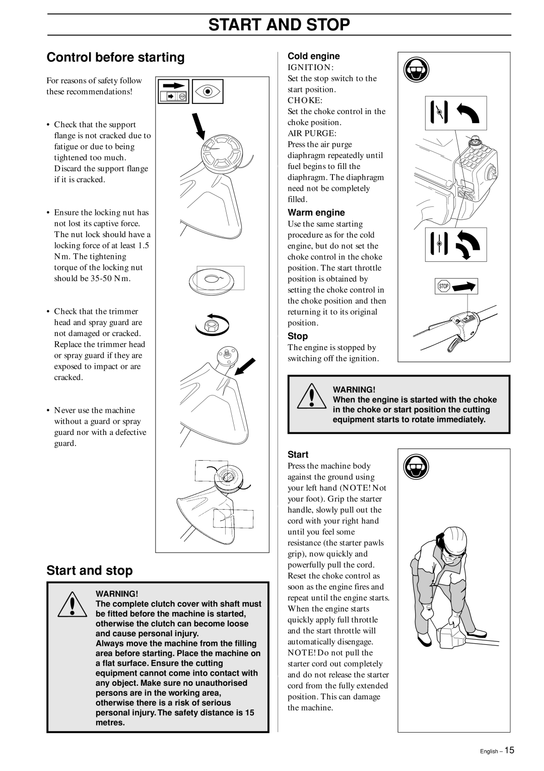 Jonsered GT2125L manual Start and Stop, Control before starting, Start and stop 