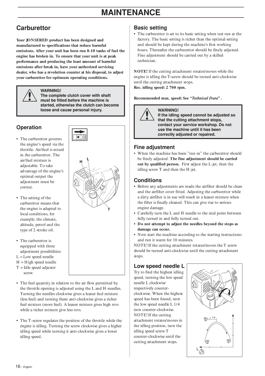 Jonsered GT2125L manual Maintenance, Carburettor 
