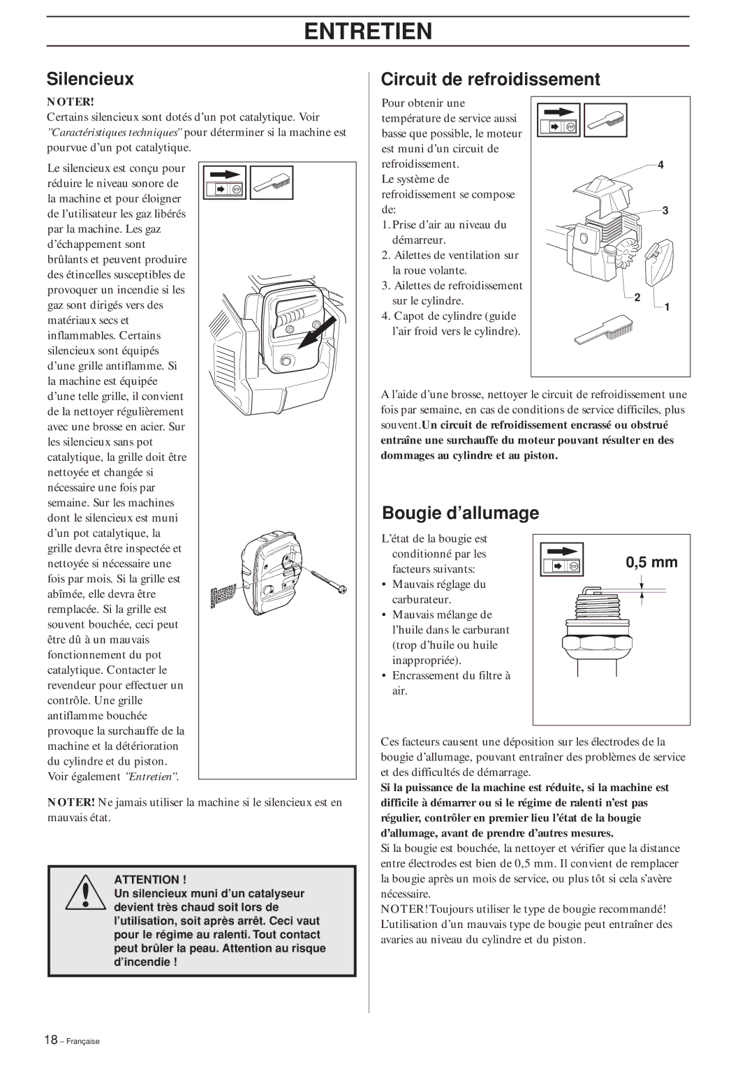 Jonsered GT2125L manual Entretien, Silencieux Circuit de refroidissement, Bougie d’allumage 