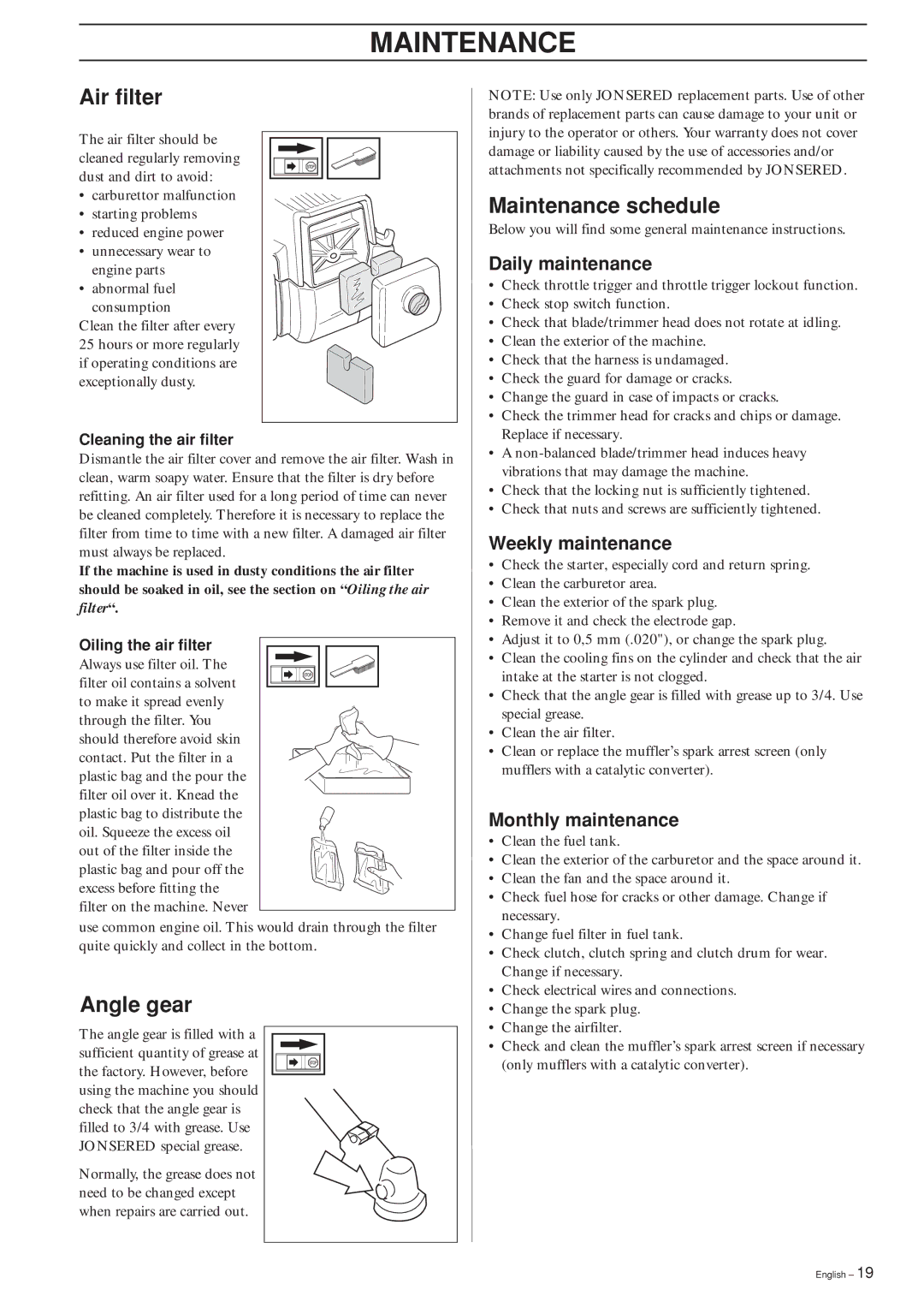 Jonsered GT2125L manual Air filter, Angle gear, Maintenance schedule 
