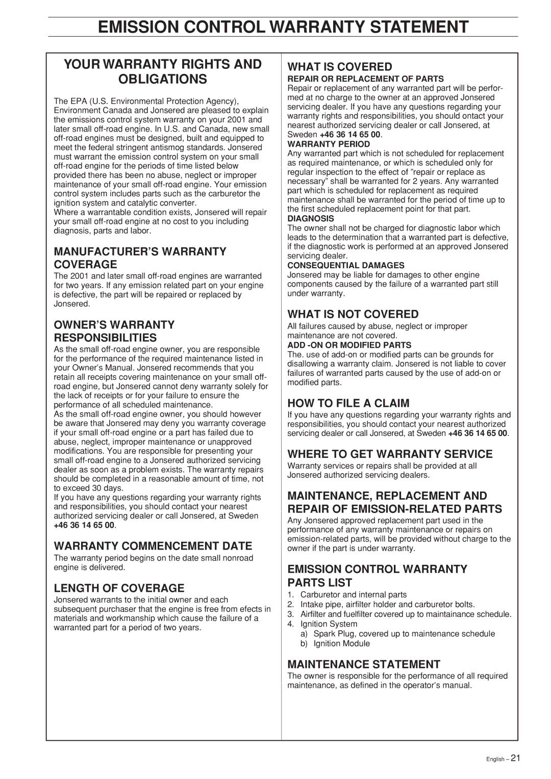 Jonsered GT2125L manual Emission Control Warranty Statement, Your Warranty Rights Obligations 