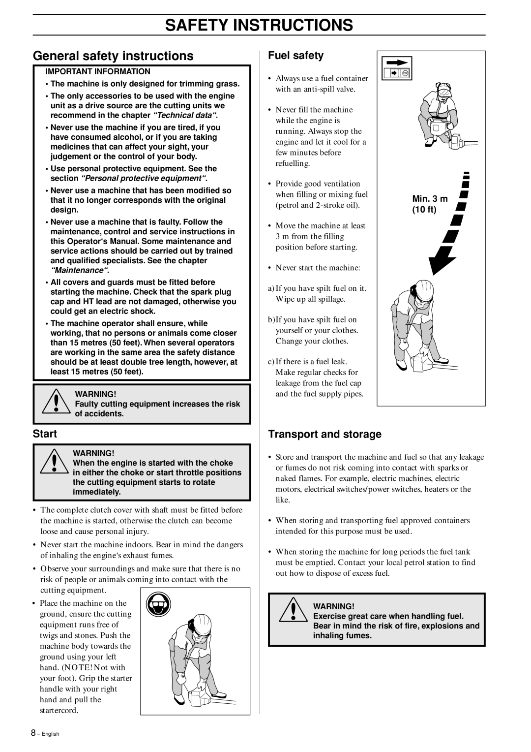 Jonsered GT2125L manual General safety instructions, Fuel safety, Start, Transport and storage 