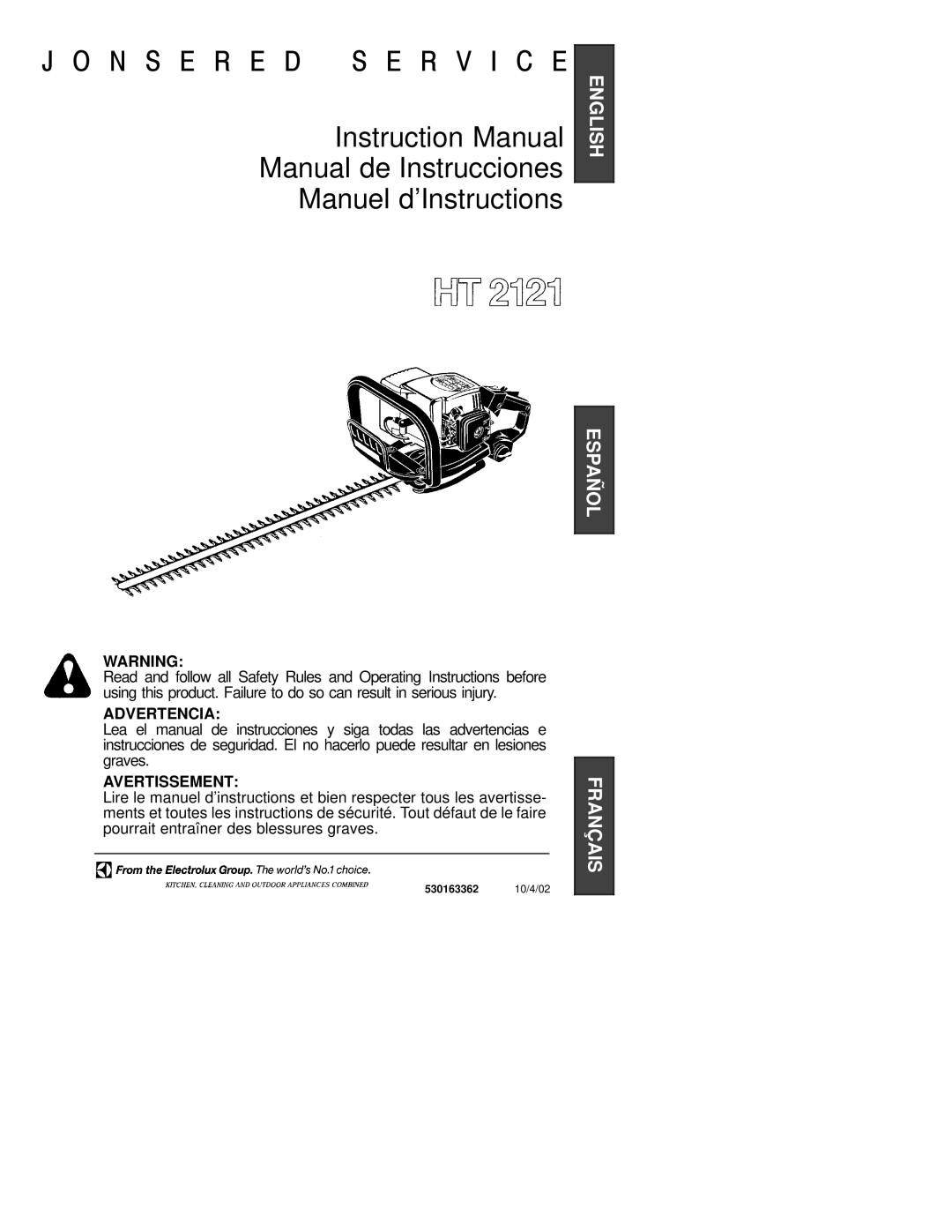 Jonsered HT 2121 instruction manual N S E R E D S E R V I C E 