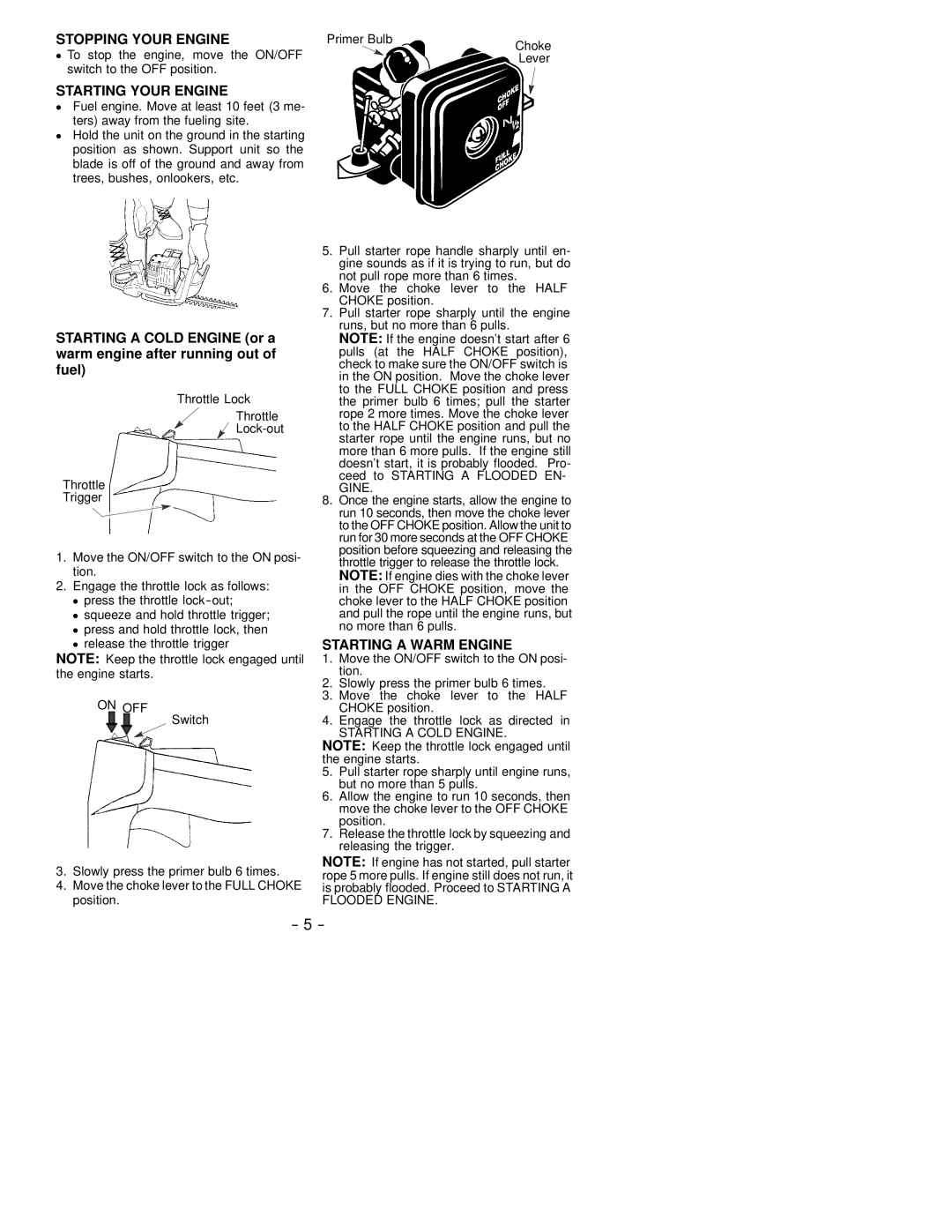 Jonsered HT 2121 Stopping Your Engine, Starting Your Engine, Starting a Warm Engine, On OFF, Starting a Cold Engine 