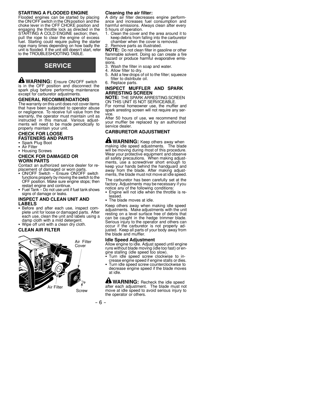 Jonsered HT 2121 Starting a Flooded Engine, General Recommendations, Check for Loose Fasteners and Parts, Clean AIR Filter 