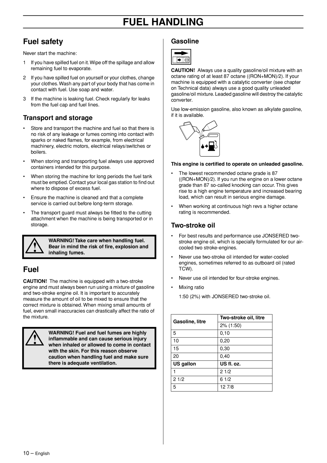 Jonsered HT 2124T manual Fuel Handling, Fuel safety 