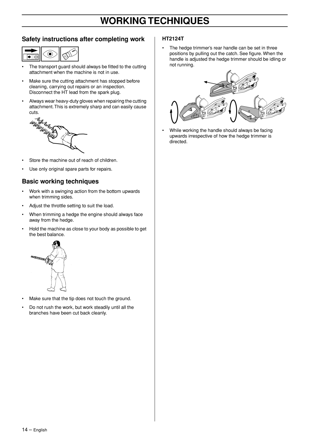 Jonsered HT 2124T manual Safety instructions after completing work, Basic working techniques 