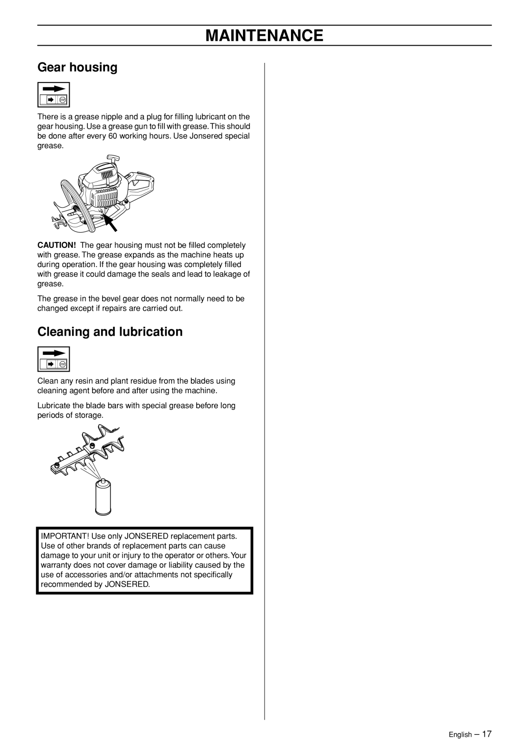 Jonsered HT 2124T manual Gear housing, Cleaning and lubrication 