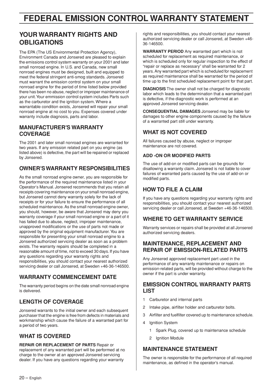 Jonsered HT 2124T manual Federal Emission Control Warranty Statement, Your Warranty Rights and Obligations 