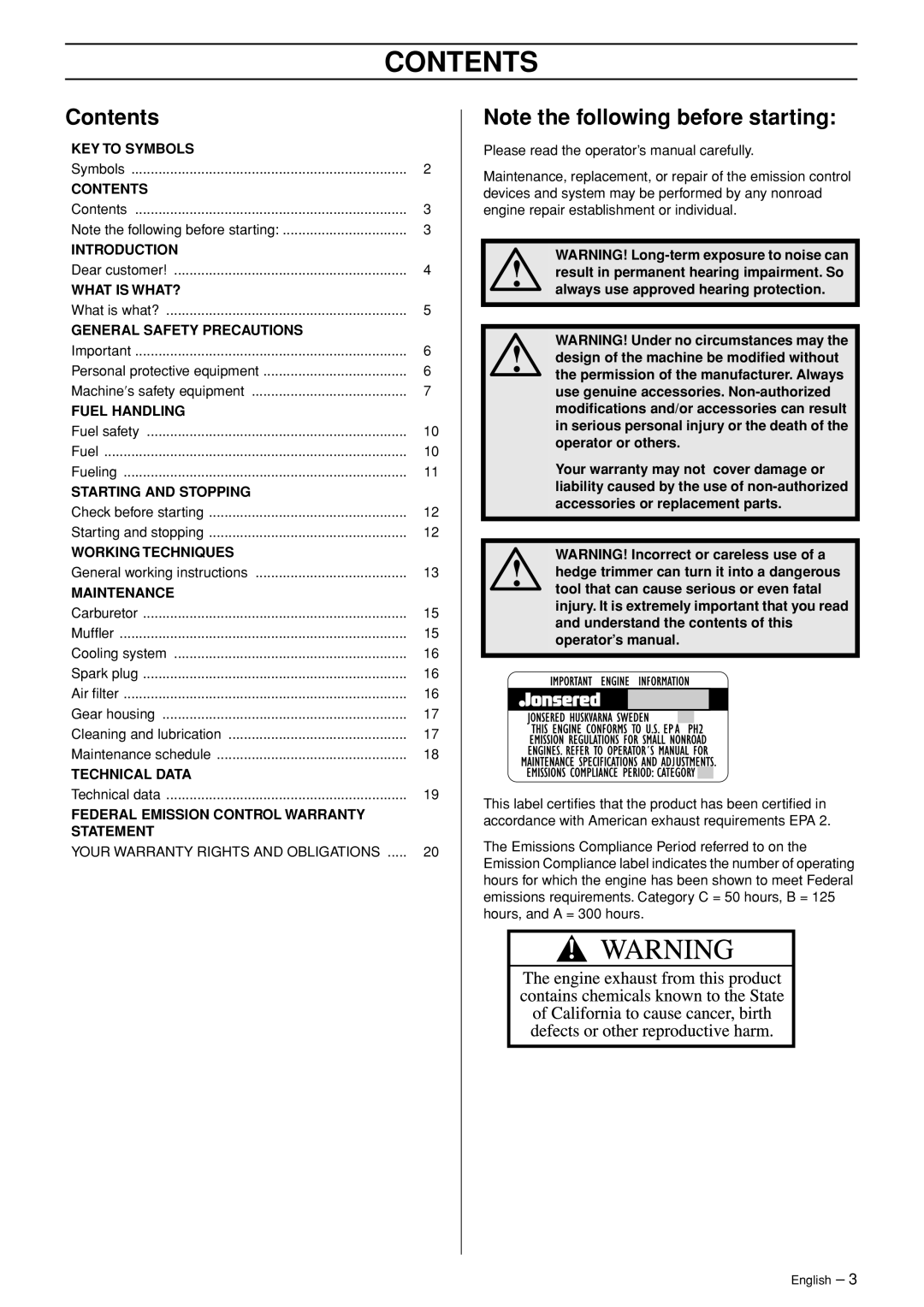 Jonsered HT 2124T manual Contents 