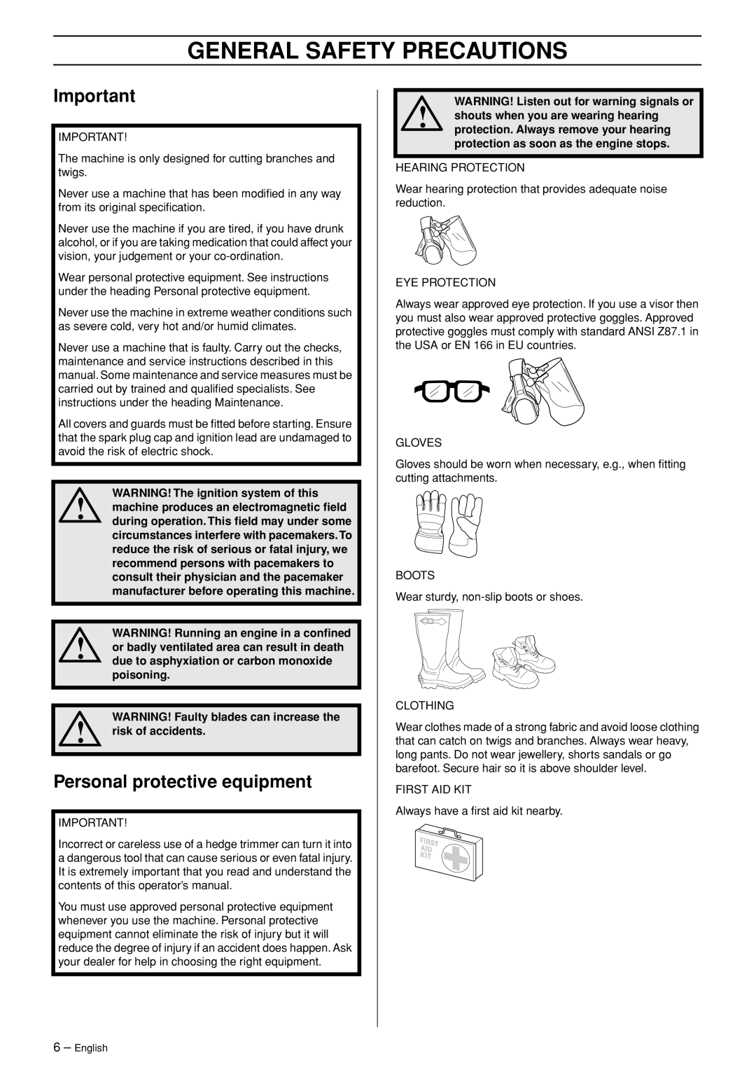 Jonsered HT 2124T manual General Safety Precautions, Personal protective equipment 