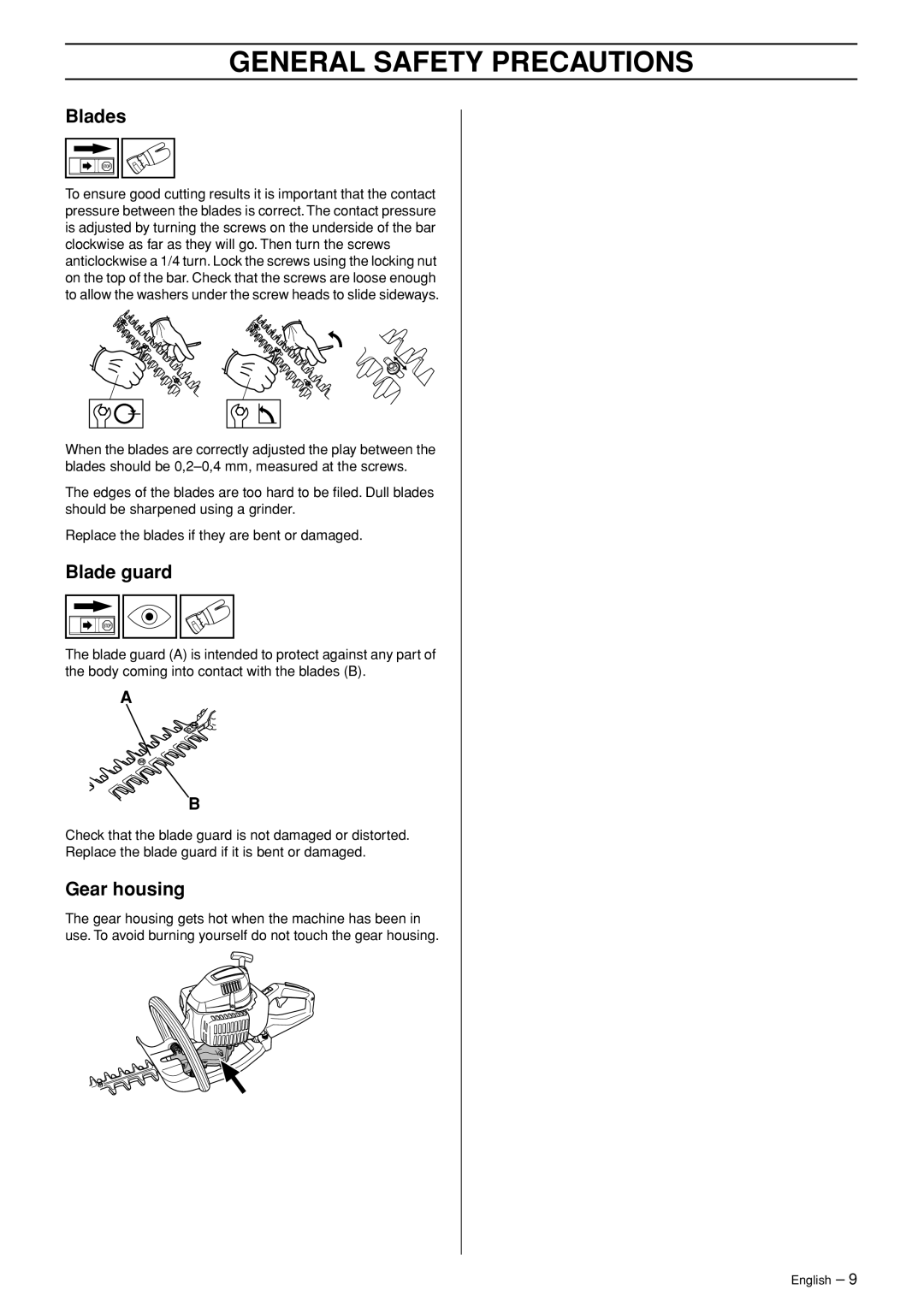 Jonsered HT 2124T manual Blades, Blade guard, Gear housing 