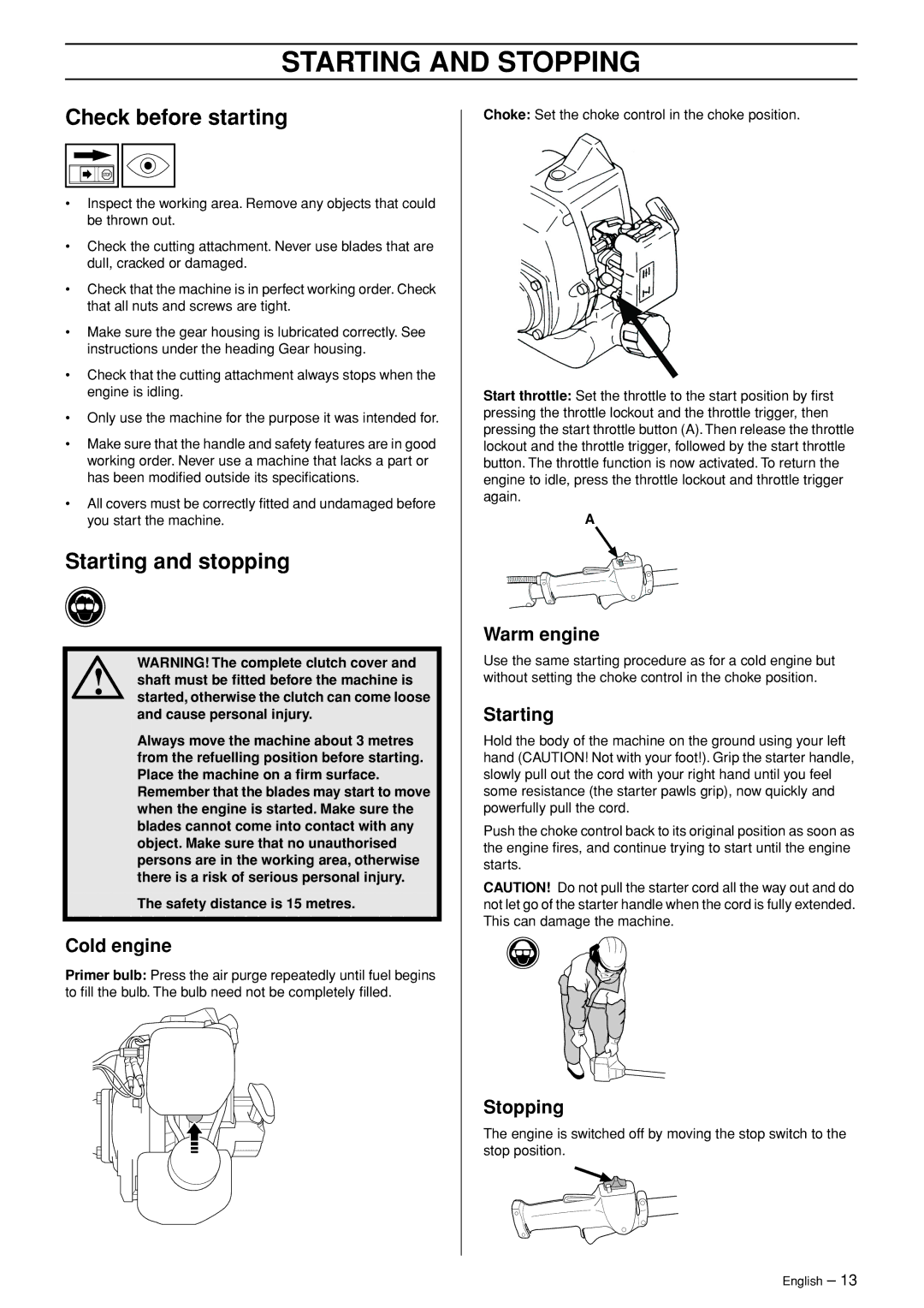 Jonsered HTE2123 manual Starting and Stopping, Check before starting, Starting and stopping 