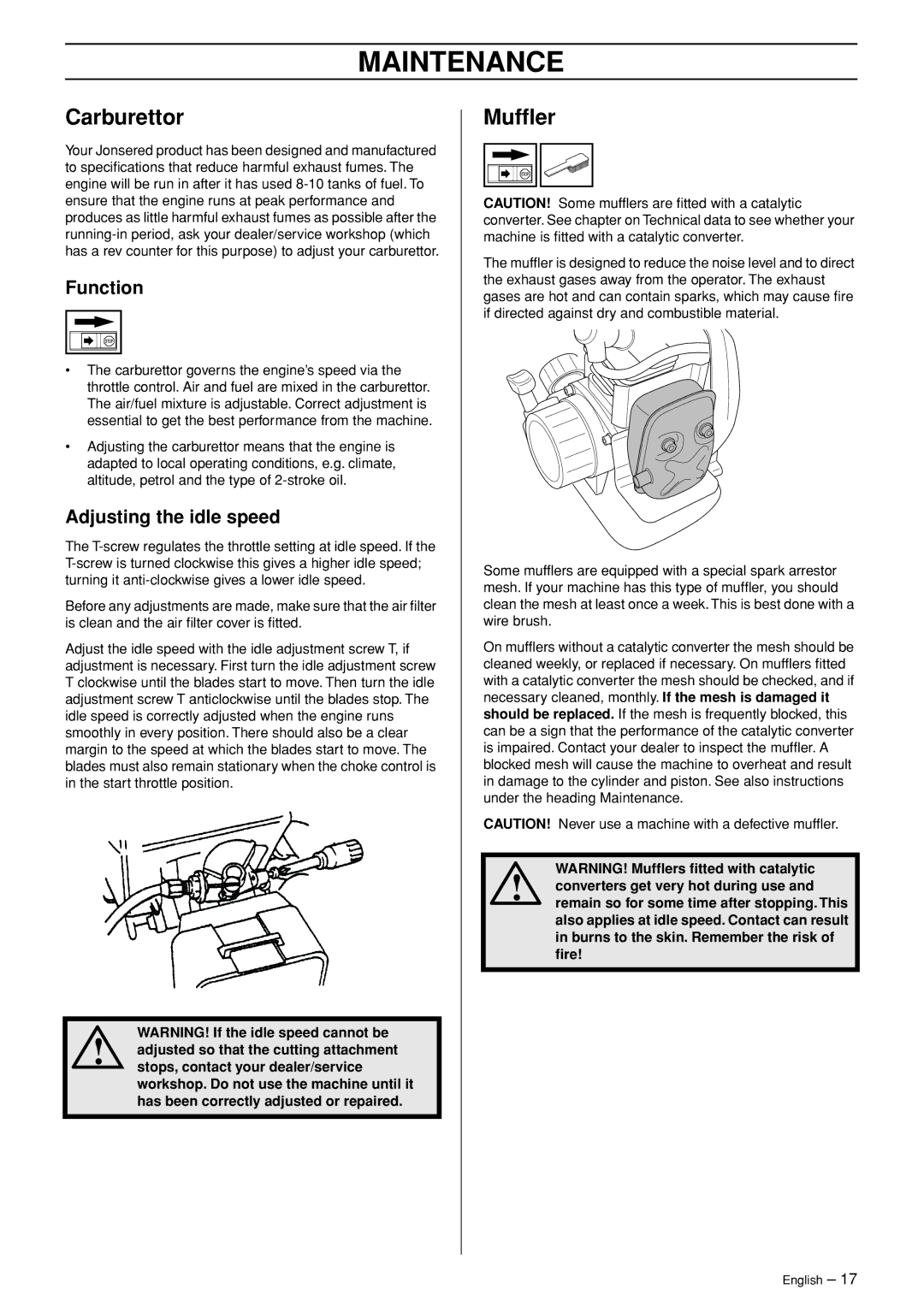 Jonsered HTE2123 manual Maintenance, Carburettor, Mufﬂer, Function, Adjusting the idle speed 