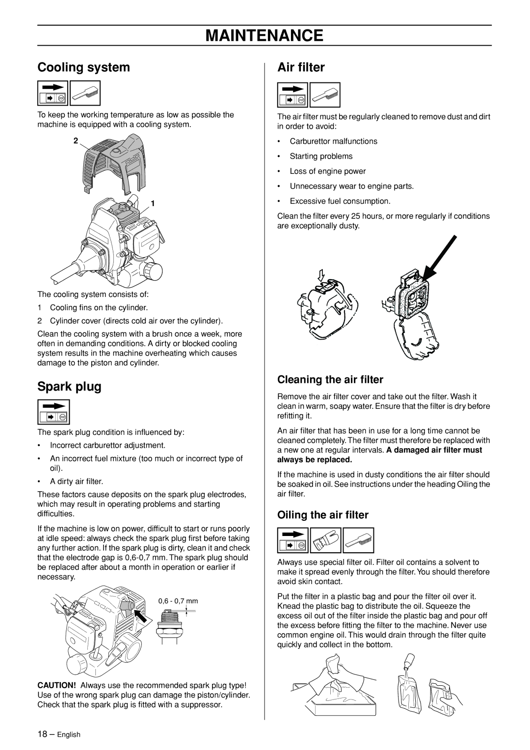 Jonsered HTE2123 manual Cooling system, Spark plug, Air ﬁlter, Cleaning the air ﬁlter, Oiling the air ﬁlter 