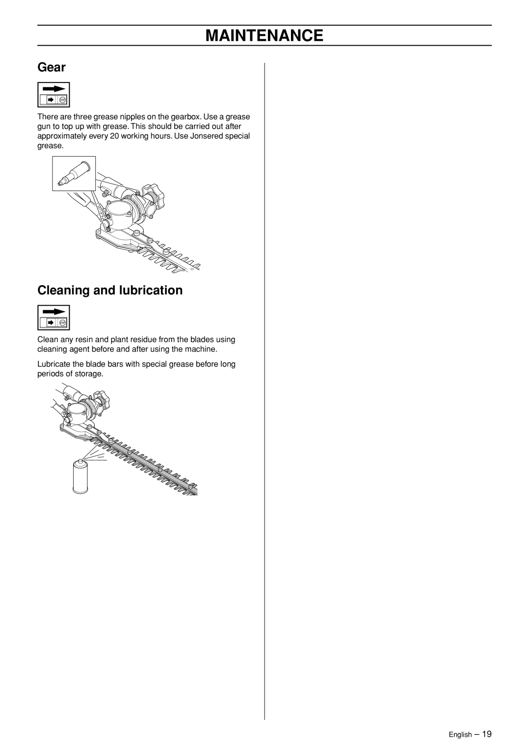 Jonsered HTE2123 manual Gear, Cleaning and lubrication 