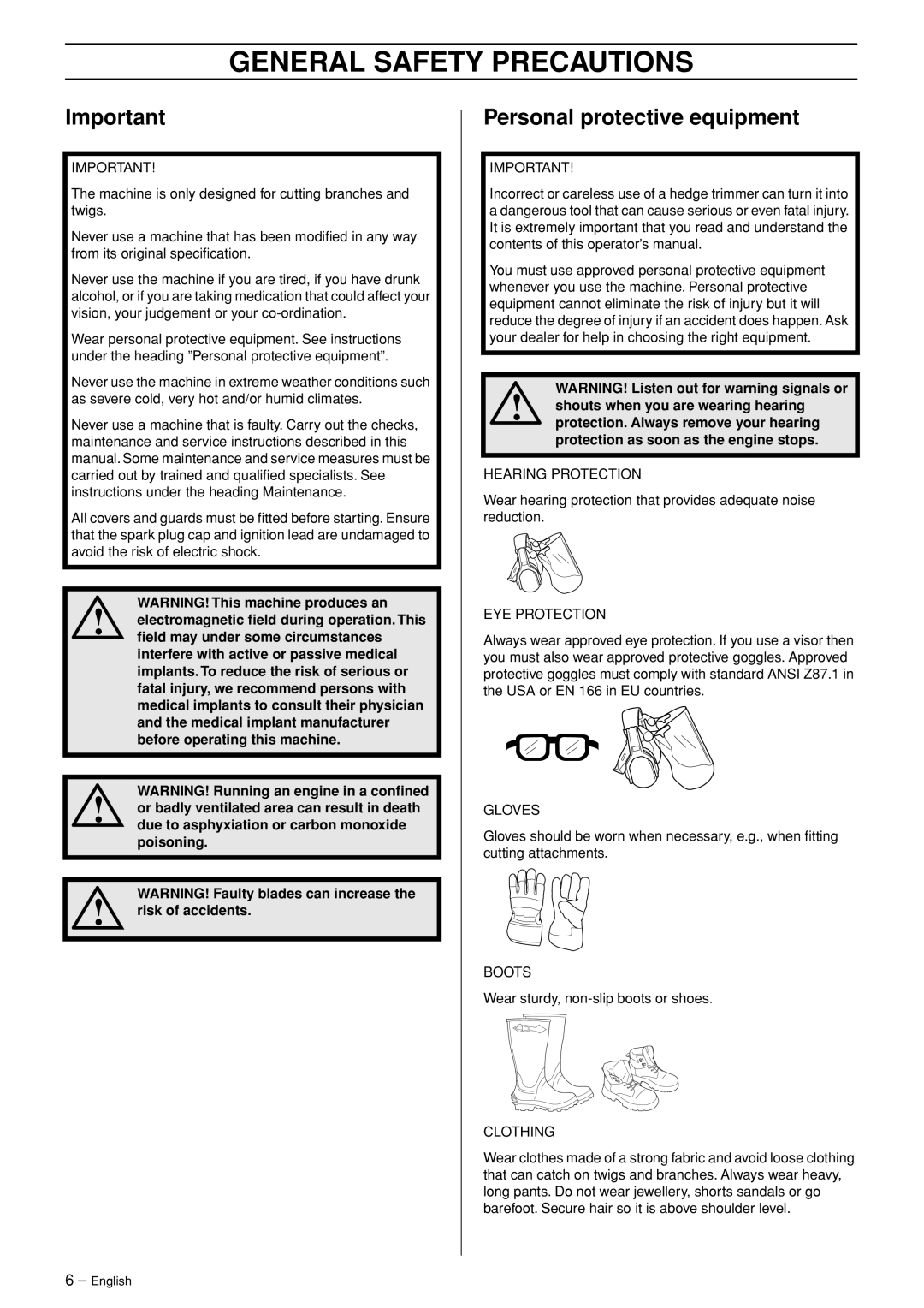 Jonsered HTE2123 manual General Safety Precautions, Personal protective equipment 