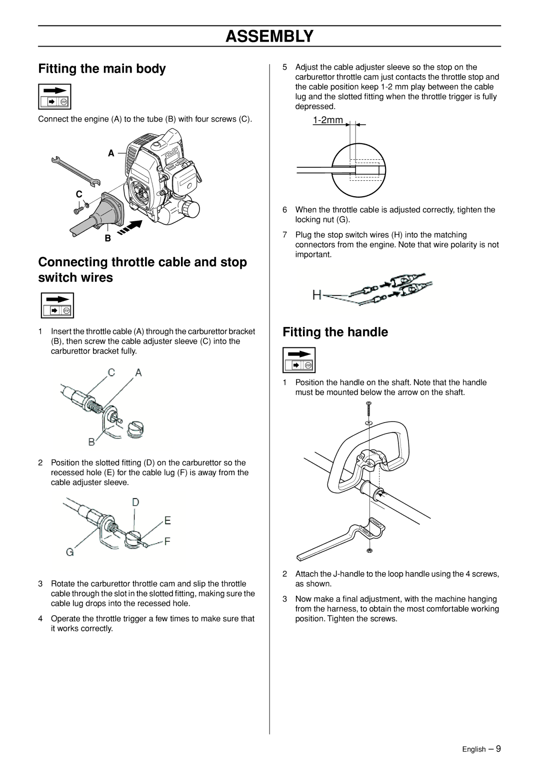 Jonsered HTE2123 Assembly, Fitting the main body, Connecting throttle cable and stop switch wires, Fitting the handle 