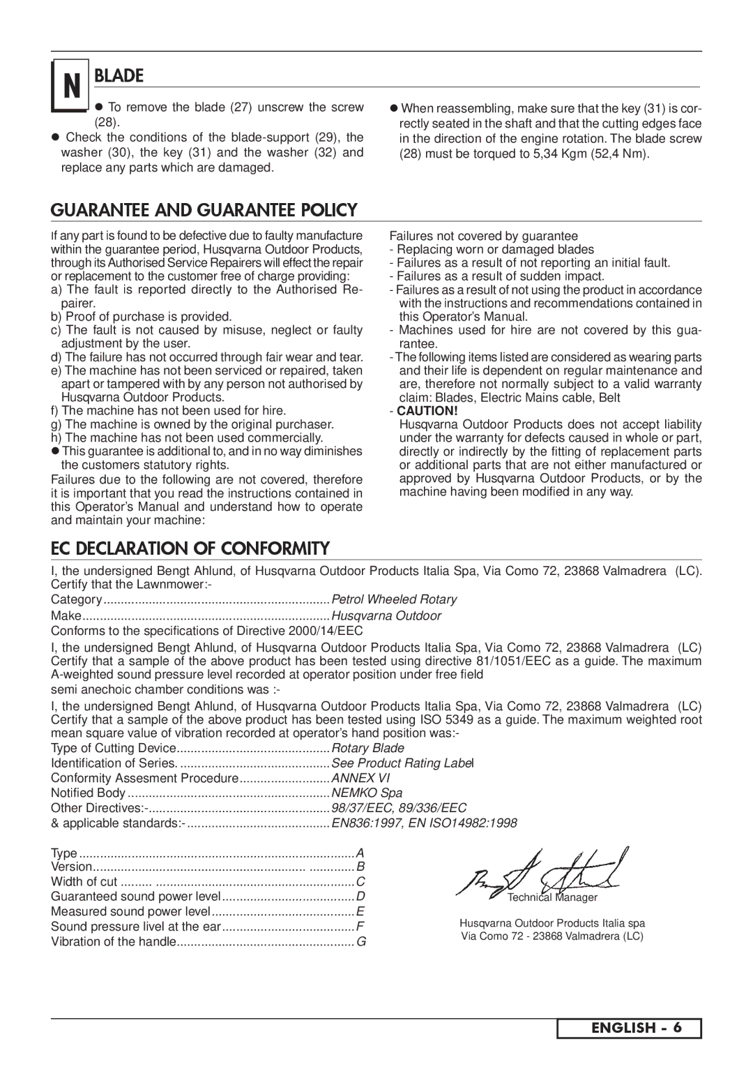 Jonsered LM 2154 CMD, LM2147CMD AUTO START manual Blade, Guarantee and Guarantee Policy, EC Declaration of Conformity 