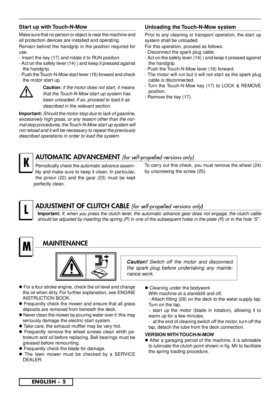 Jonsered LM2147CMD AUTO START, LM 2154 CMD manual Maintenance, Start up with Touch-N-Mow 