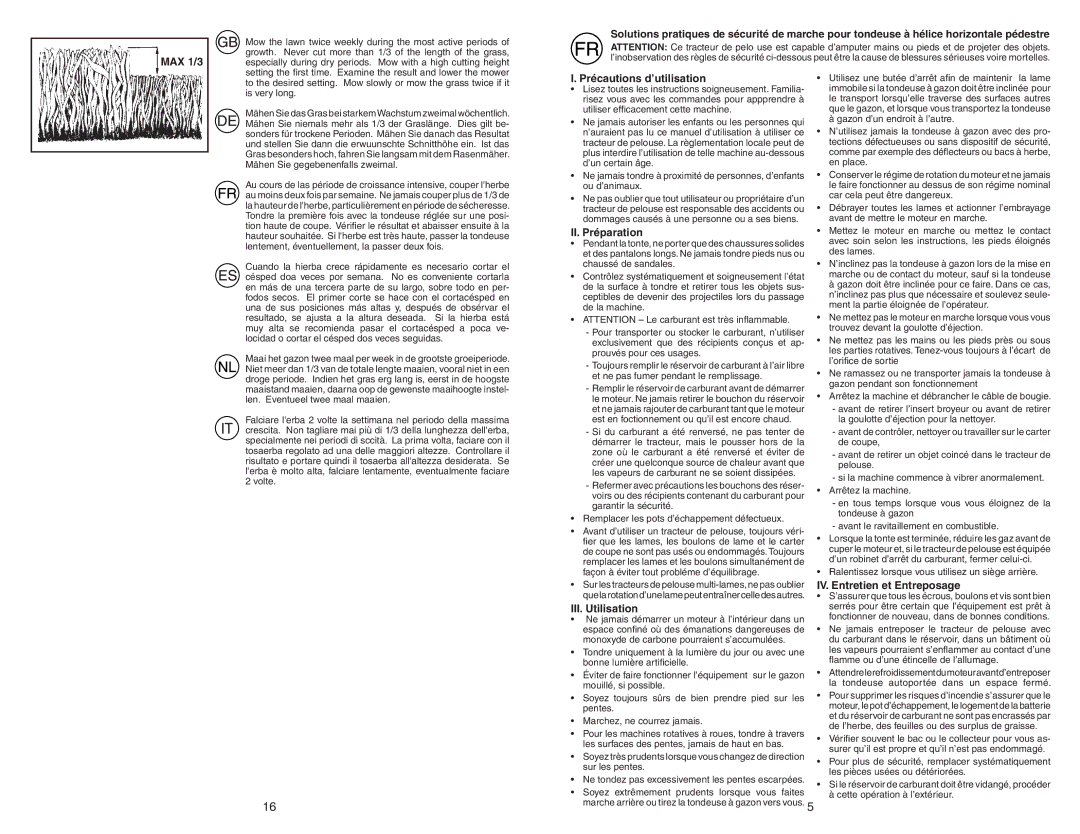 Jonsered LM2150 MAX 1/3, Précautions d’utilisation, II. Préparation, III. Utilisation, IV. Entretien et Entreposage 