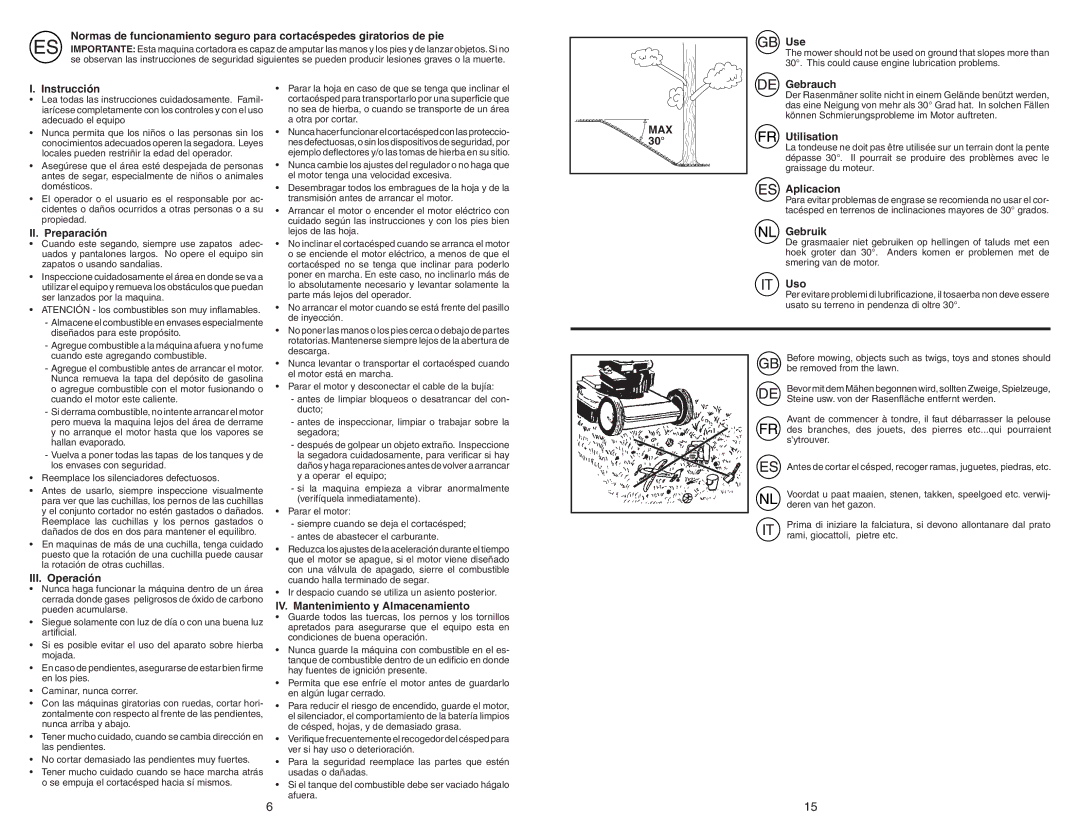 Jonsered LM2150 Use, Instrucción, MAX Gebrauch, Utilisation, II. Preparación, III. Operación, Aplicacion, Gebruik, Uso 