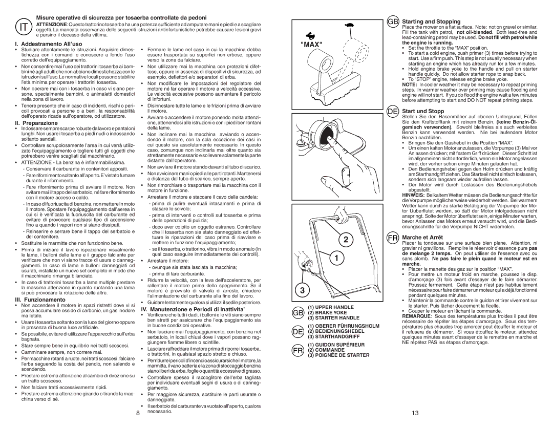 Jonsered LM2150 Starting and Stopping, Addestramento All’uso, II. Preparazione, III. Funzionamento, Start und Stopp 