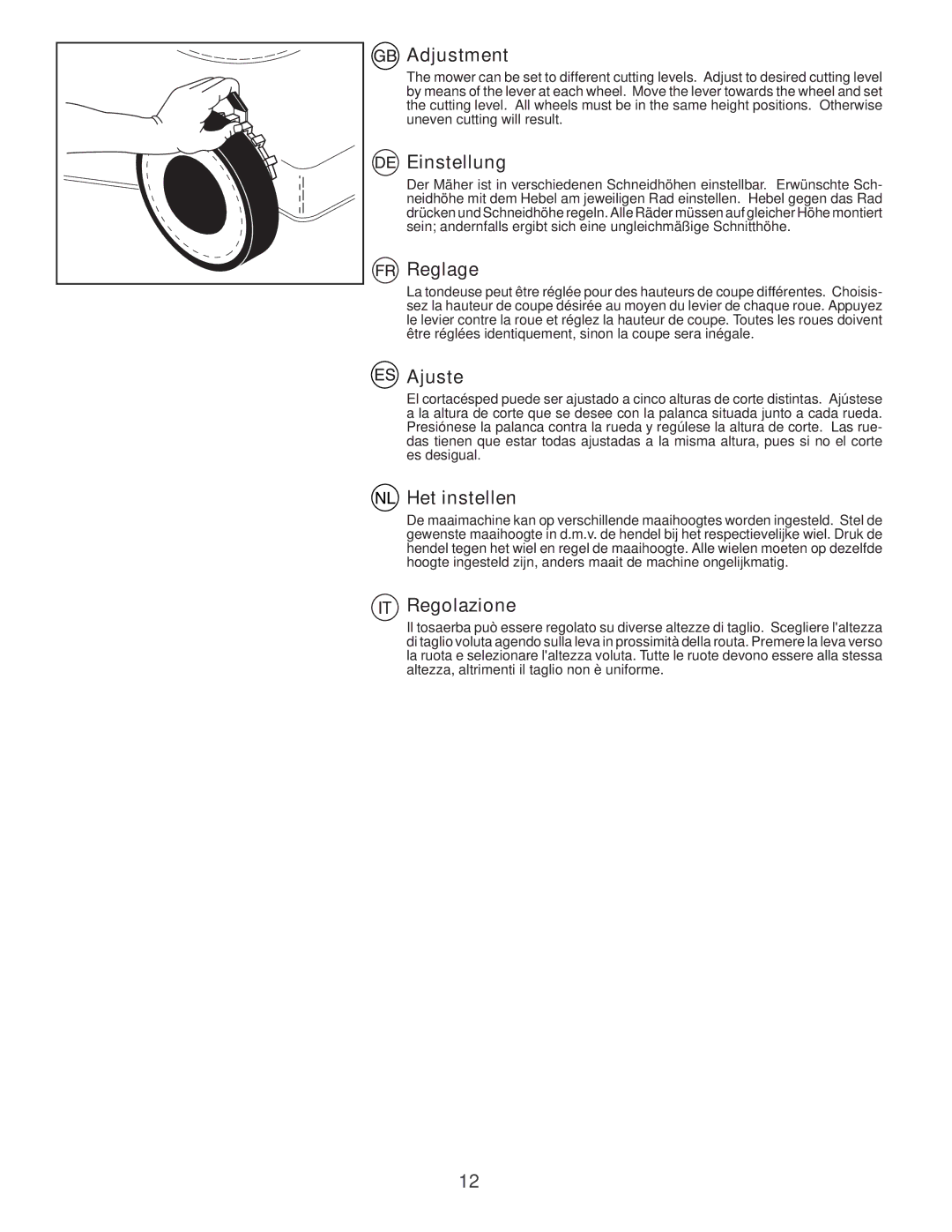 Jonsered LM2150SM instruction manual Adjustment, Einstellung, Reglage, Ajuste, Het instellen, Regolazione 