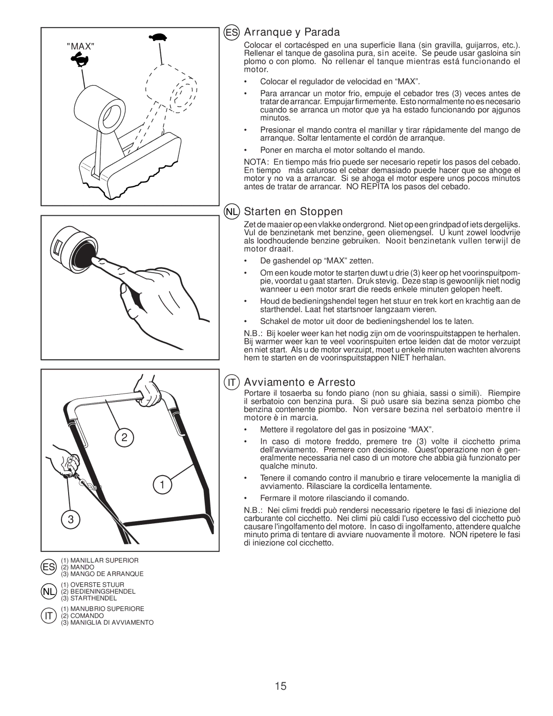 Jonsered LM2150SM instruction manual Arranque y Parada, Starten en Stoppen, Avviamento e Arresto 