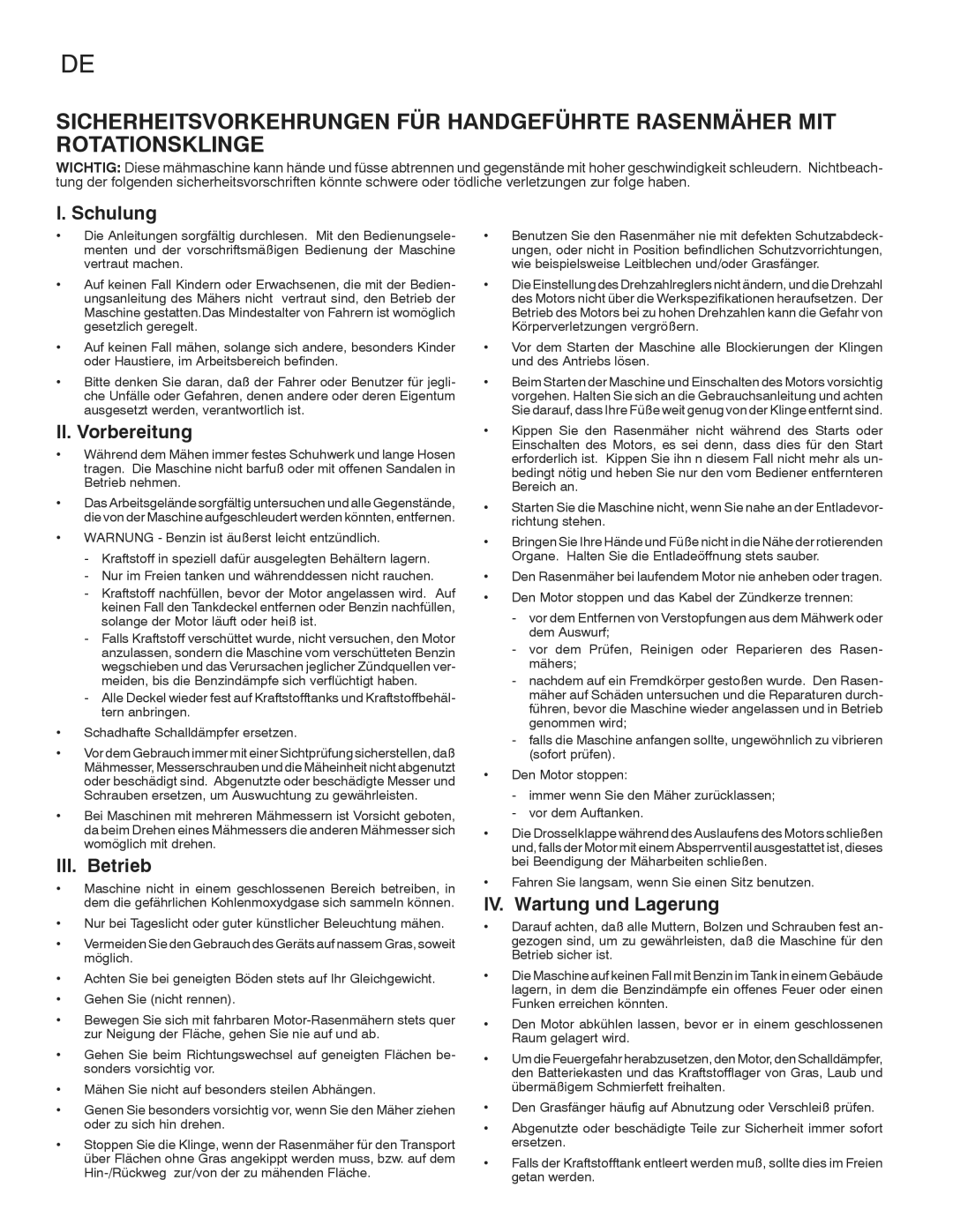 Jonsered LM2150SM instruction manual Schulung, II. Vorbereitung, III. Betrieb, IV. Wartung und Lagerung 