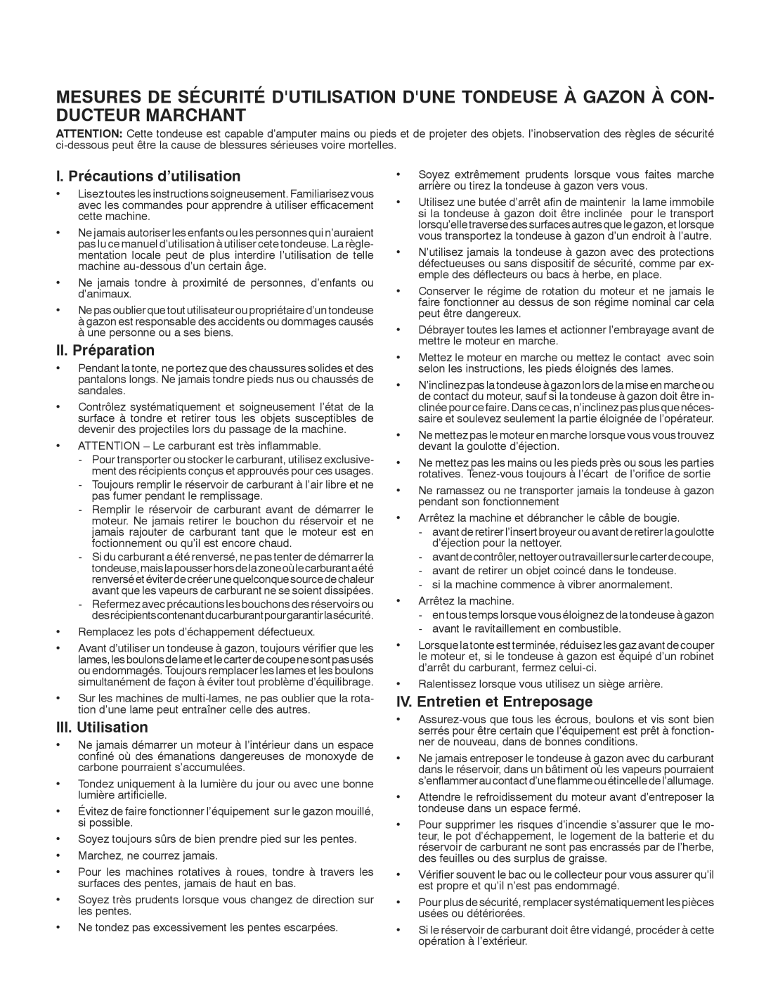 Jonsered LM2150SM Précautions d’utilisation, II. Préparation, III. Utilisation, IV. Entretien et Entreposage 