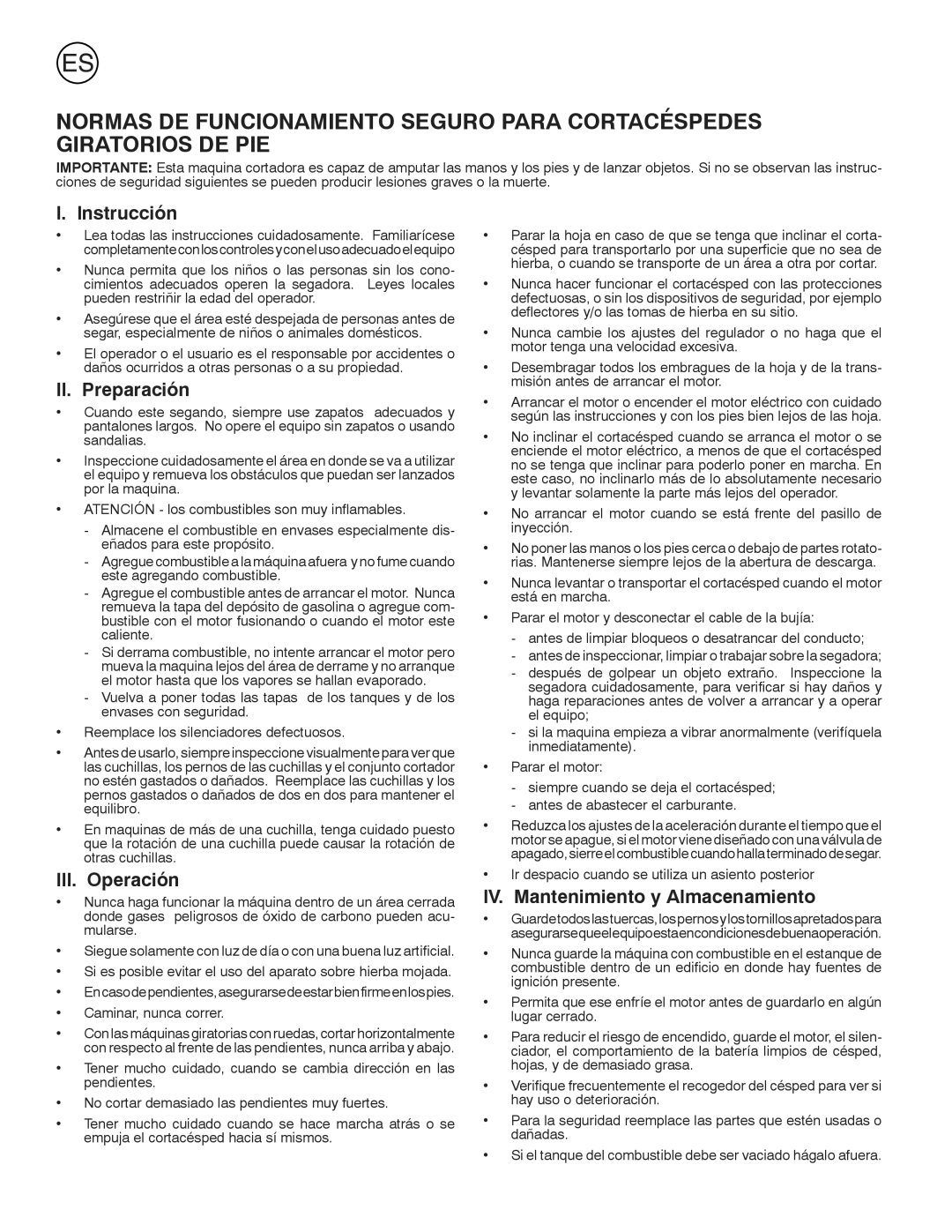 Jonsered LM2150SM instruction manual Instrucción, II. Preparación, III. Operación, IV. Mantenimiento y Almacenamiento 