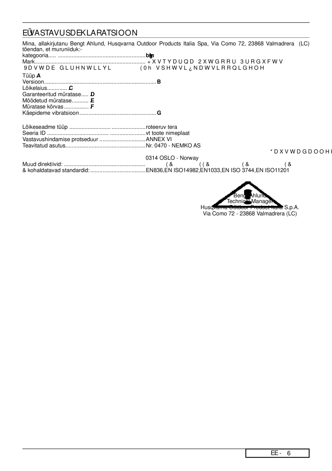 Jonsered LM2150 CMD EÜ Vastavusdeklaratsioon, Tõendan, et muruniiduk, Vastab direktiivi 2000/14/EMÜ spetsifikatsioonidele 