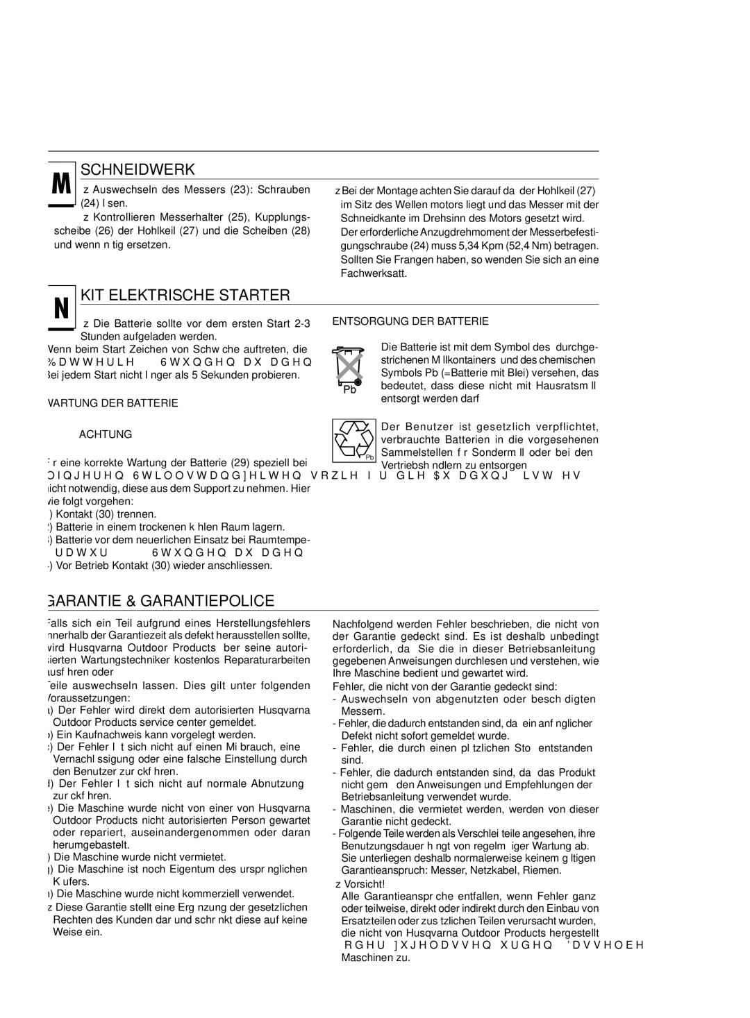 Jonsered LM2146 CD, LM2151 CMD manual Schneidwerk, KIT Elektrische Starter, Garantie & Garantiepolice, Wartung DER Batterie 