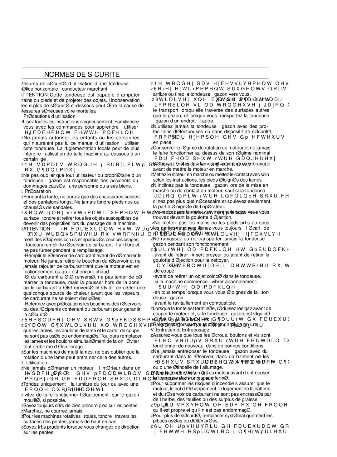 Jonsered LM2147 CM, LM2151 CMD manual Normes DE Sécurite, II. Préparation, III. Utilisation, IV. Entretien et Entreposage 