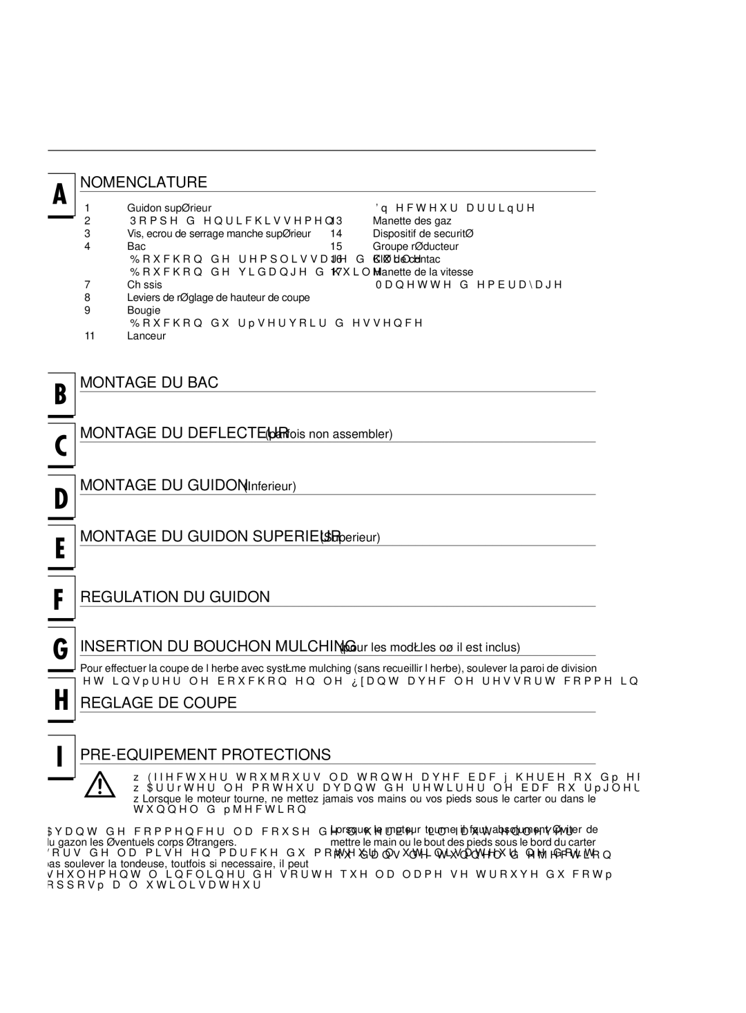 Jonsered LM2151 CMD manual Nomenclature, Montage DU BAC, Regulation DU Guidon, Reglage DE Coupe PRE-EQUIPEMENT Protections 