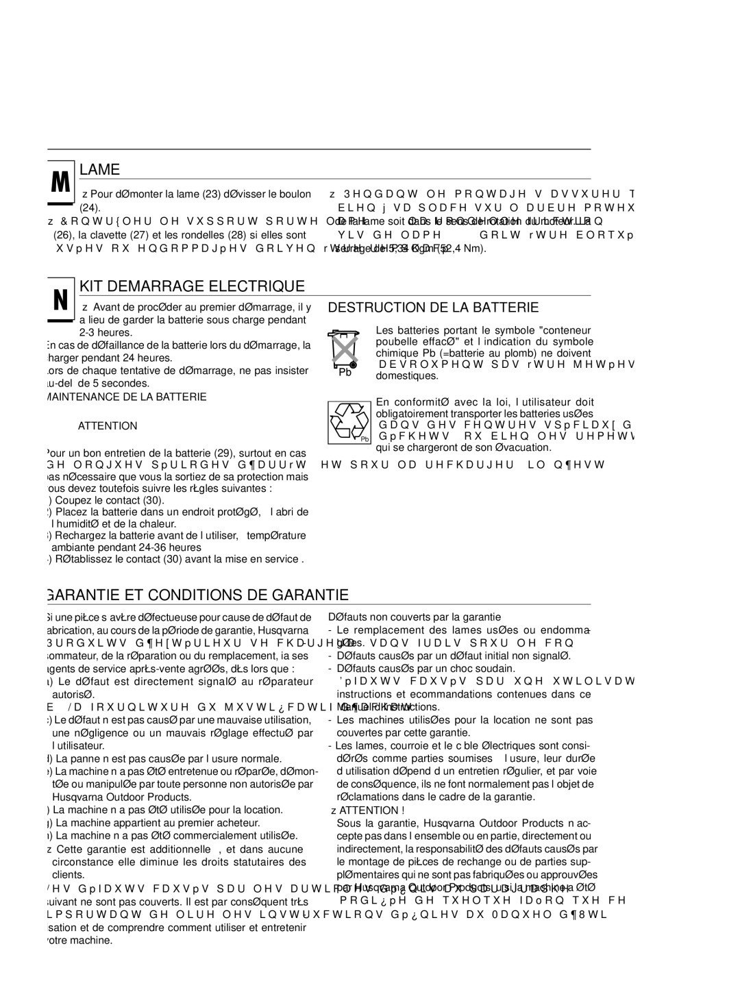 Jonsered LM2146 CD manual Lame, KIT Demarrage Electrique, Garantie et Conditions de Garantie, Maintenance DE LA Batterie 