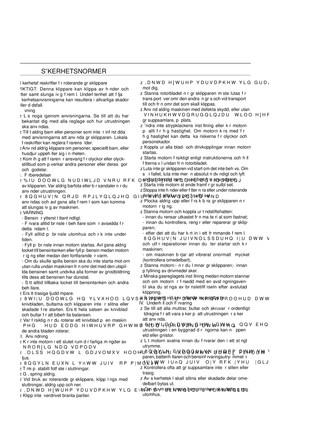 Jonsered LM2147 CM, LM2151 CMD Säkerhetsnormer, II. Förberedelser,  Varning, III. Användning, IV. Underhåll och Förvaring 