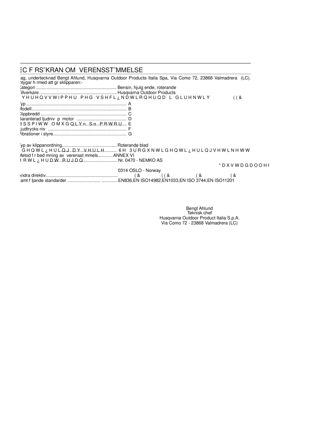 Jonsered LM2150 CMD, LM2151 CMD, LM2146 CD, LM2147 CMDE manual EC Försäkran OM Överensstämmelse 