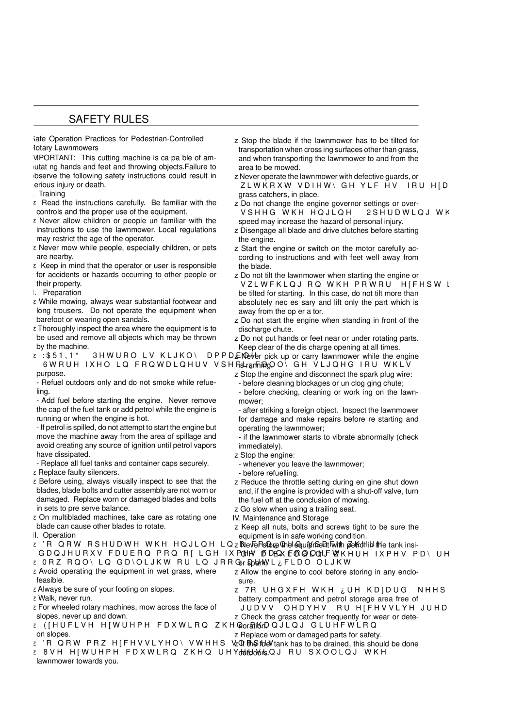 Jonsered LM2147 CM, LM2151 CMD manual Safety Rules, Training, II. Preparation, III. Operation, IV. Maintenance and Storage 