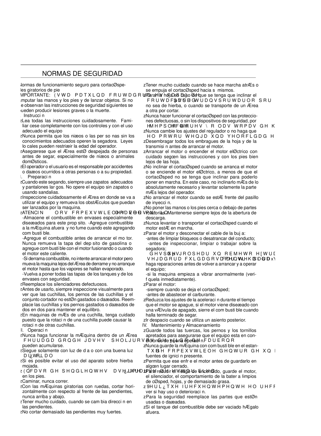 Jonsered LM2147 CM Normas DE Seguridad, Instrucción, II. Preparación, III. Operación, IV. Mantenimiento y Almacenamiento 