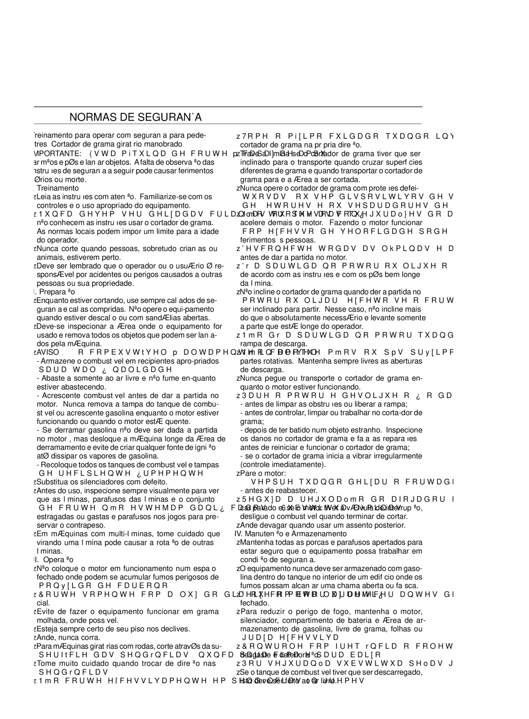 Jonsered LM2147 CM manual Normas DE Segurança, Treinamento, II. Preparação, III. Operação, IV. Manutenção e Armazenamento 