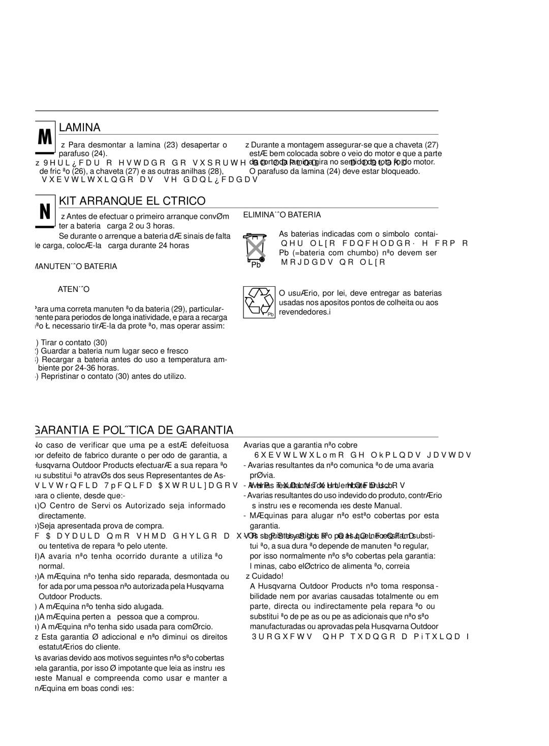 Jonsered LM2146 CD, LM2151 CMD, LM2150 CMD, LM2147 CMDE manual Manutenção Bateria, Atenção,  Cuidado 