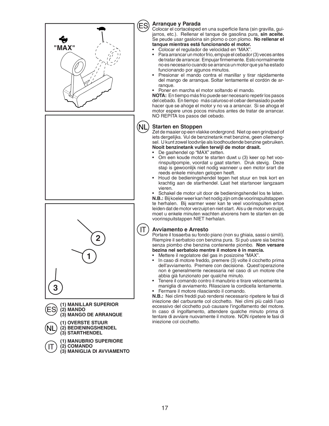 Jonsered LM2153CMD instruction manual Arranque y Parada, Starten en Stoppen, Avviamento e Arresto 