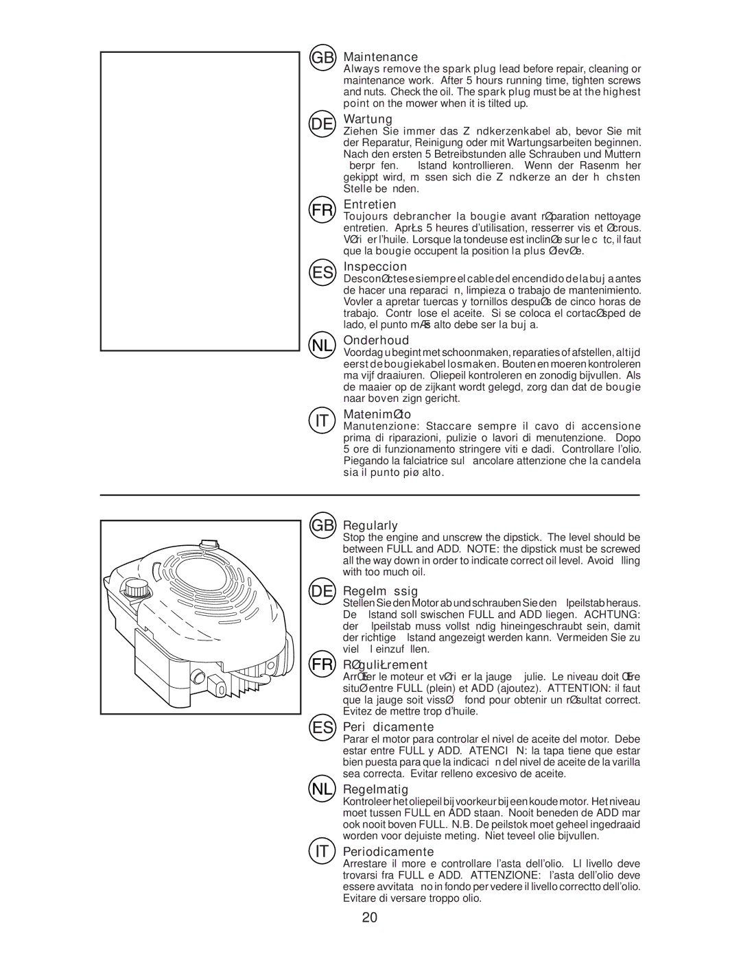 Jonsered LM2153CMD Maintenance, Wartung, Entretien, Inspeccion, Onderhoud, Mateniméto, Regularly, Regelmässig, Regelmatig 