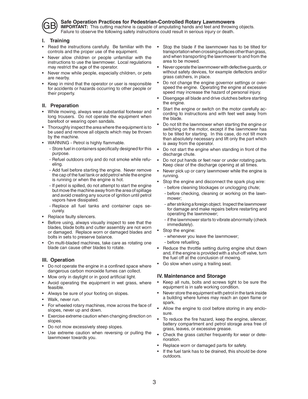 Jonsered LM2153CMD instruction manual Training, II. Preparation, III. Operation, IV. Maintenance and Storage 