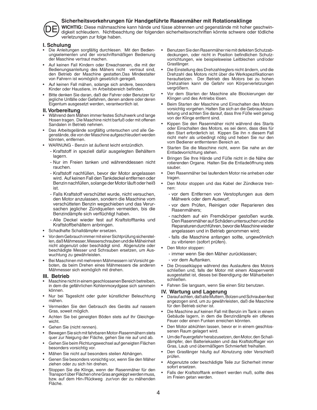 Jonsered LM2153CMD instruction manual Schulung, II. Vorbereitung, III. Betrieb, IV. Wartung und Lagerung 