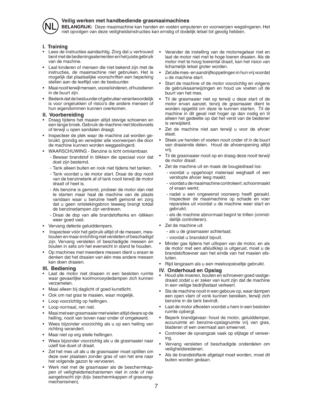 Jonsered LM2153CMD instruction manual Veilig werken met handbediende grasmaaimachines, II. Voorbereiding, III. Bediening 