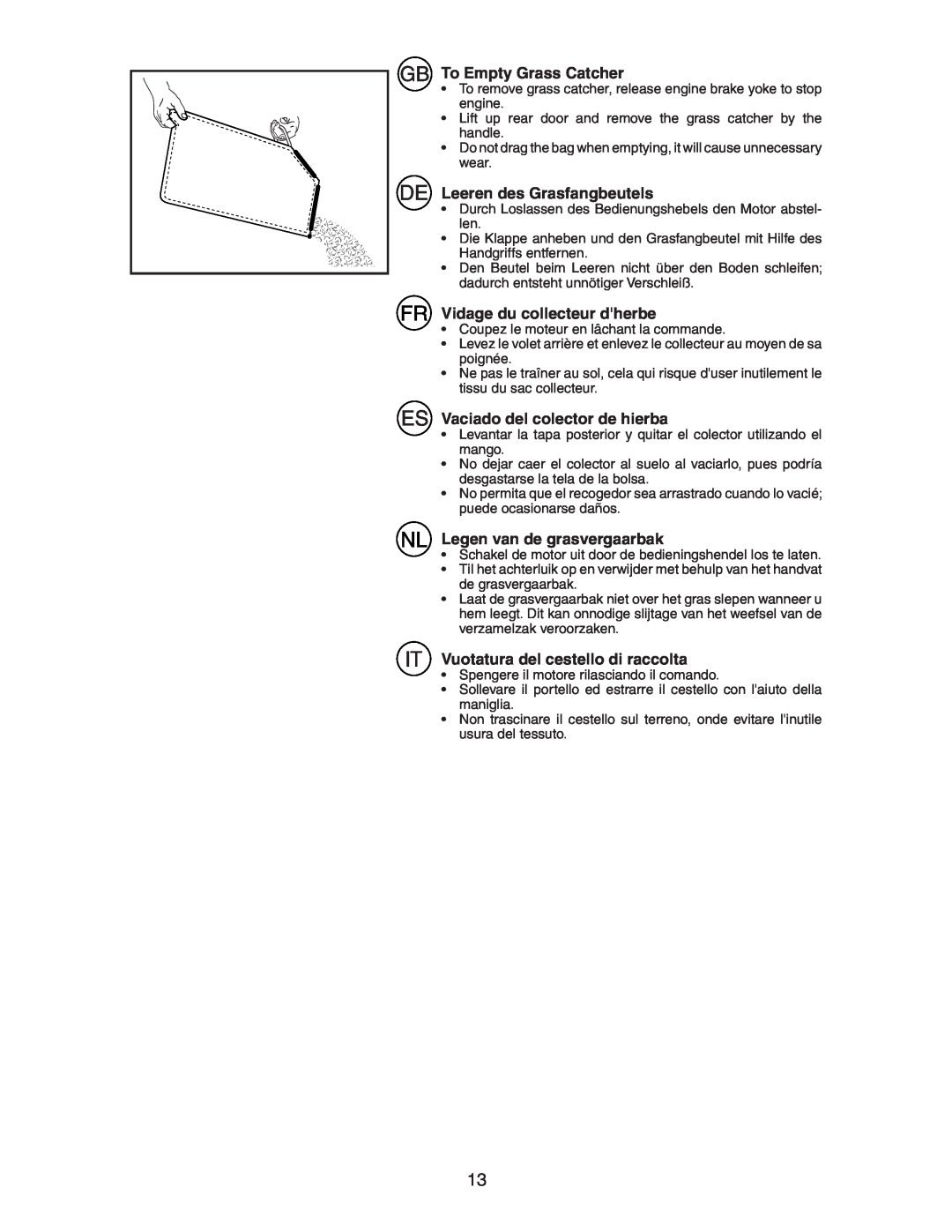 Jonsered LM2153CMD instruction manual To Empty Grass Catcher, Leeren des Grasfangbeutels, Vidage du collecteur dherbe 